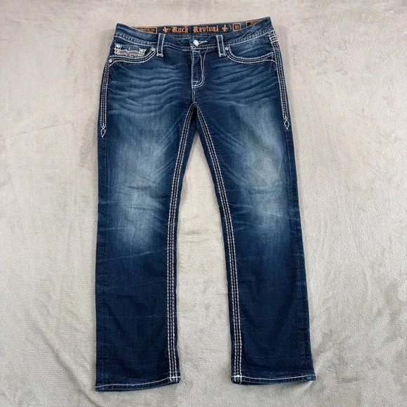 Rock Revival Avery Straight Jeans Western Rock Bling Embellished Women 31 Blue - Picture 5 of 12